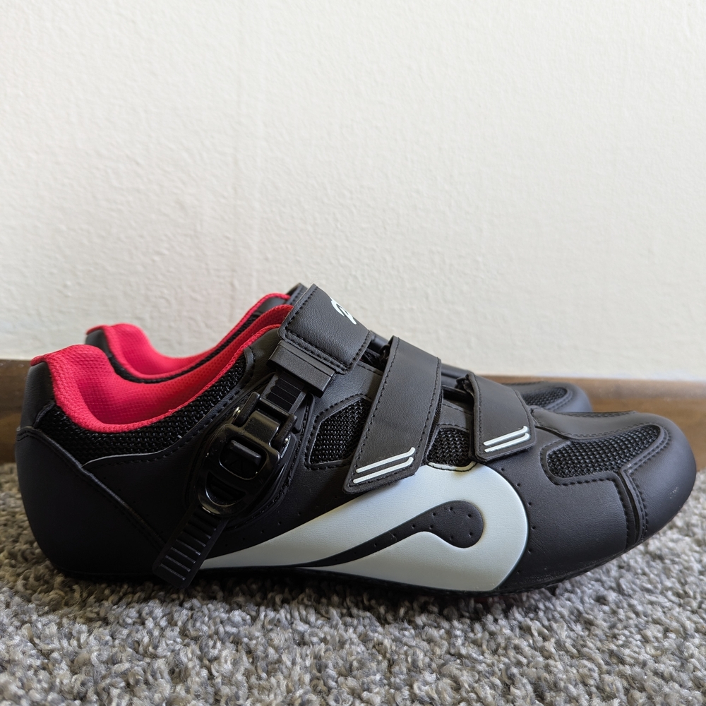 Peloton Black and White Cycling Shoes with Red Cleats